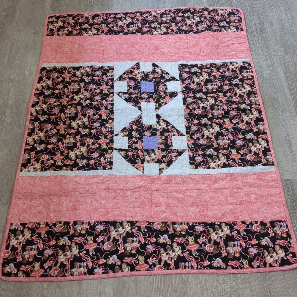 Handmade Quilt 50" X 38" Girl Teddy Bear Bag Patchwork Baby Shower Ballet